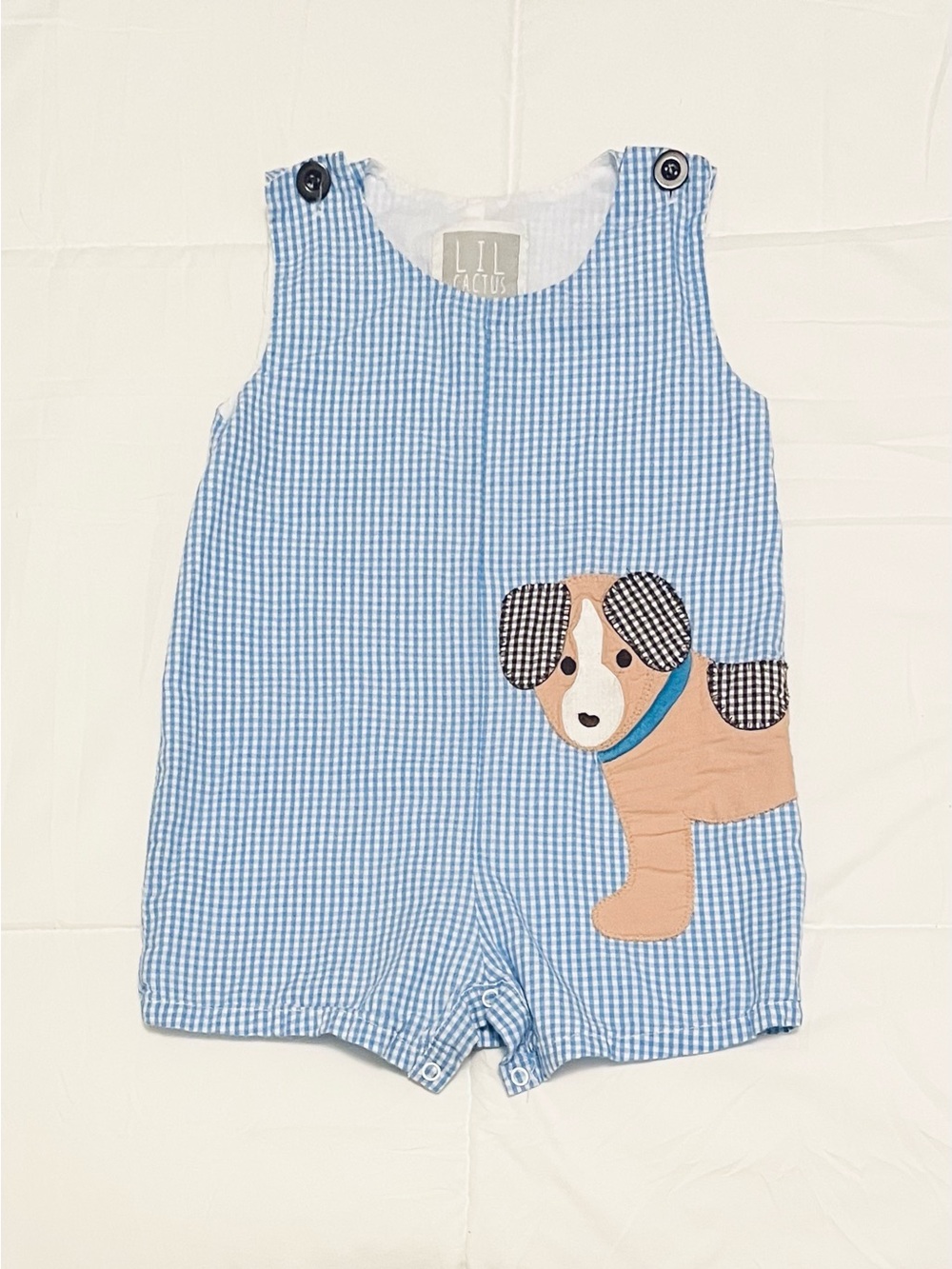 Blue Gingham Puppy Appliqué Romper - 2T